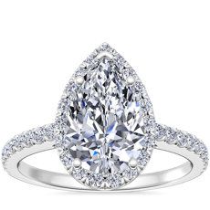 14k 白金梨形光環鑽石訂婚戒指